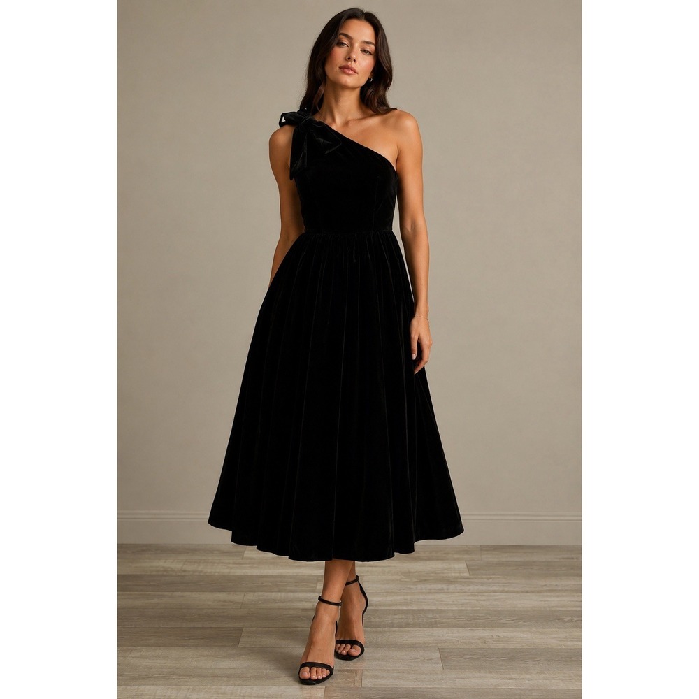 Victor Costa Vtg Black Velvet One Shoulder Gown Shoulder Bow Sz S/M? Whimseygoth